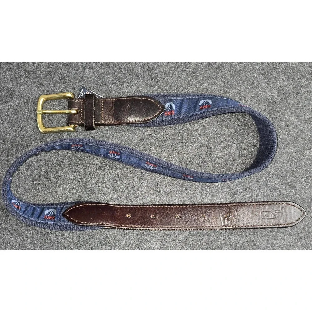 Vineyard Vines Belt Mens Size 30 Blue SMS Logo‎ Ribbon Leather Brass Buckle USA